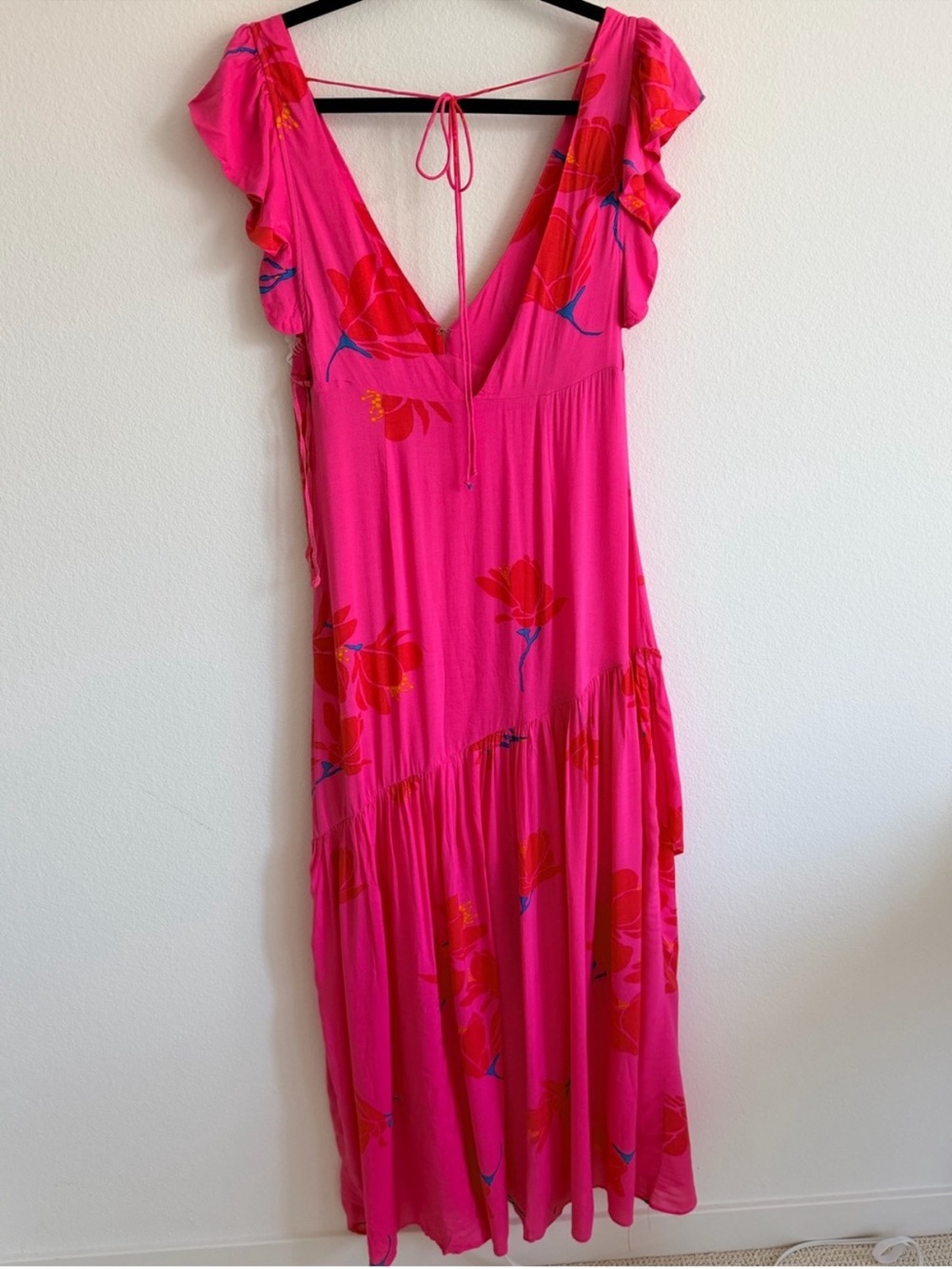 Free People Pink Floral Ruffle Flutter Sleeve Open Back Maxi Dress Size 6